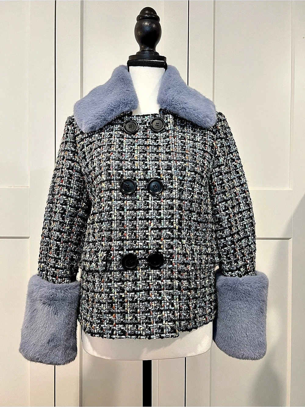 Halogen x Atlantic-Pacific Faux Fur Trim Tweed Jacket Black & Blue Small